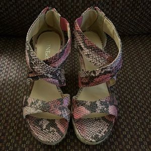 Pink snakeskin high wedge sandals